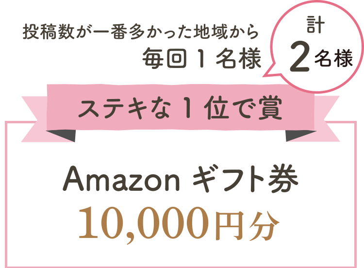 投稿数が一番多かった地域から毎回1名様 計2名様 ステキな1位で賞 Amazonギフト券10,000円分