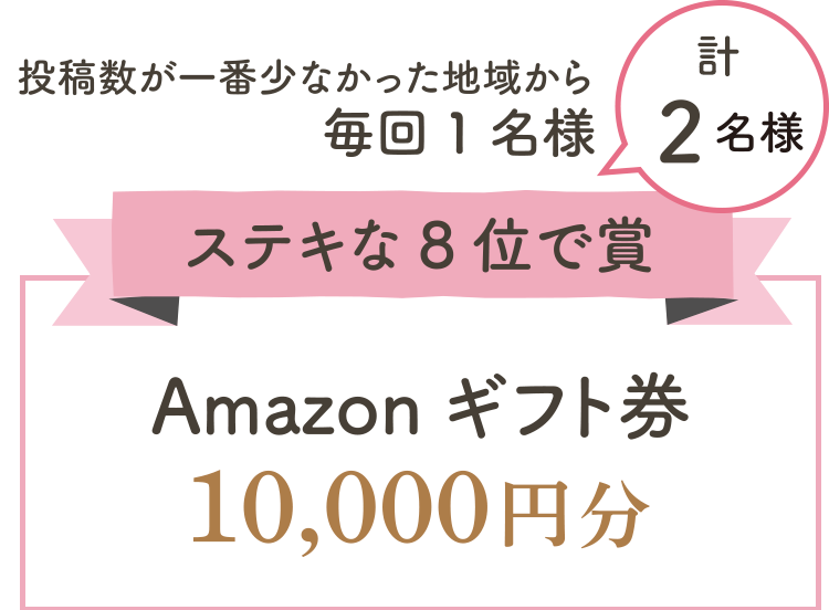 投稿数が一番少なかった地域から毎回1名様 計2名様 ステキな8位で賞 Amazonギフト券10,000円分