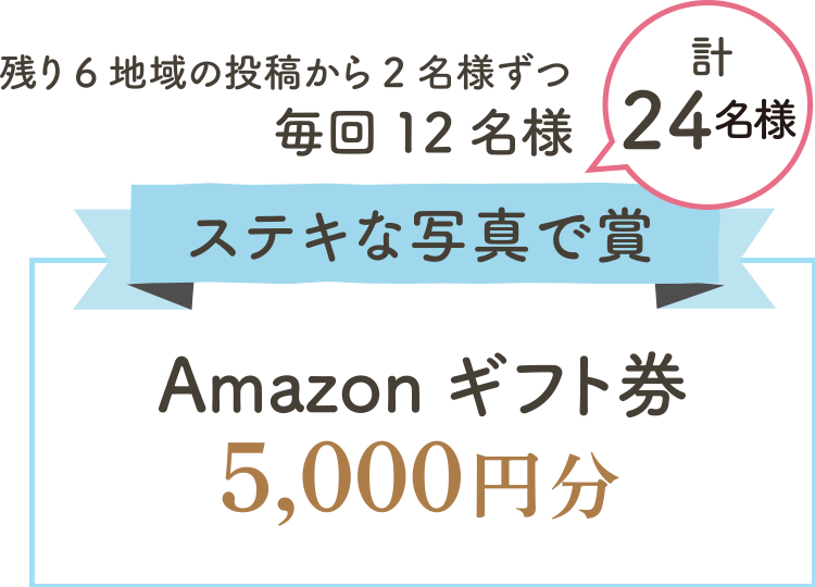 残り6地域の投稿から2名様ずつ毎回12名様 計24名様 ステキな写真で賞 Amazonギフト券5,000円分