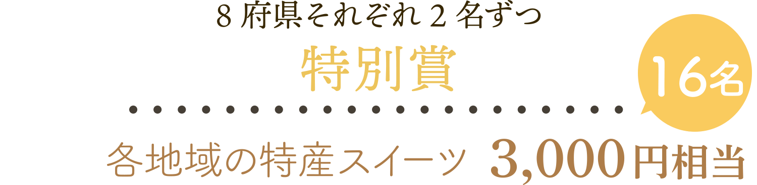 8府県それぞれ2名ずつ 特別賞 16名 各地域の特産スイーツ3,000円相当